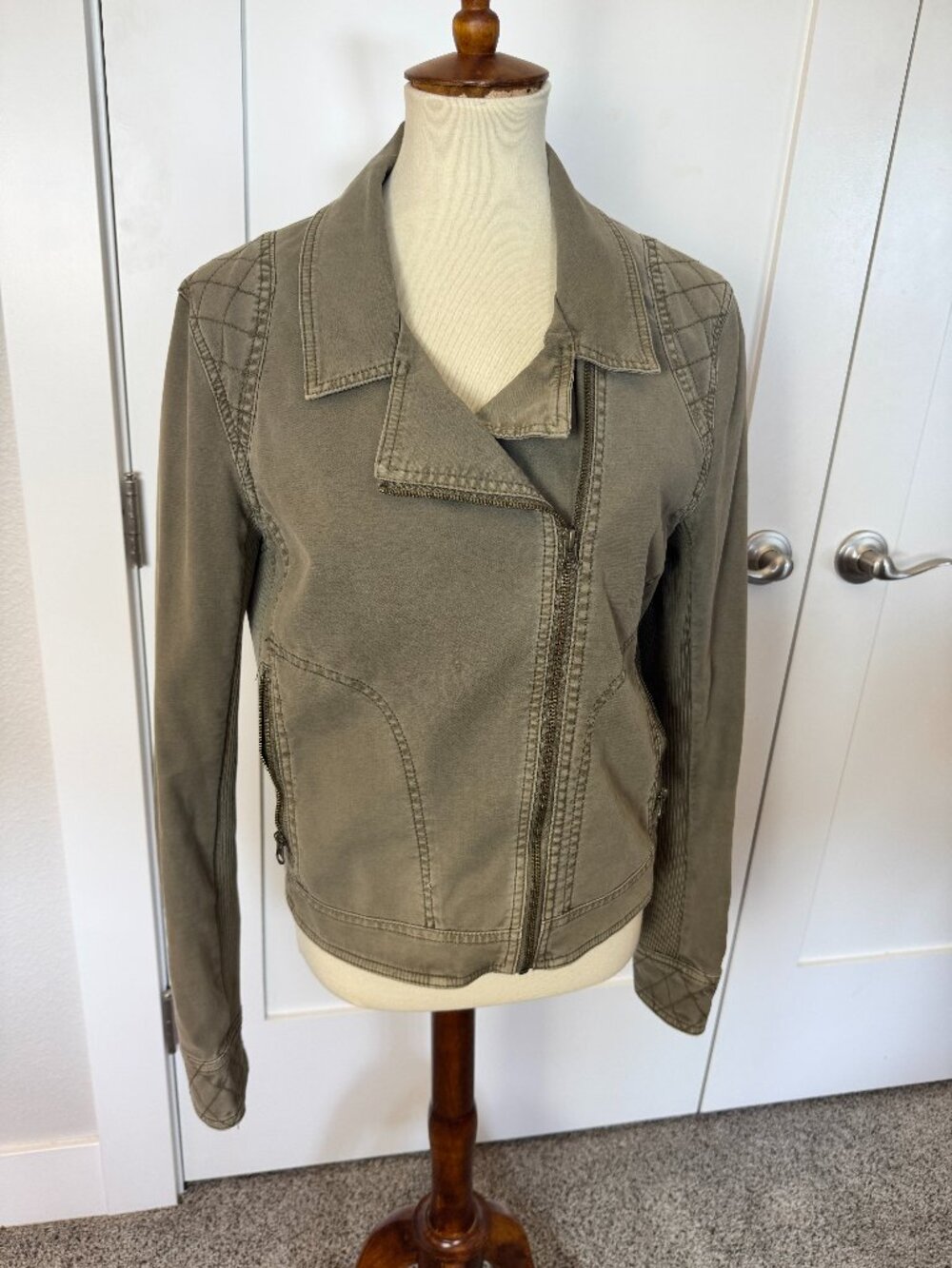 Anthropologie Army Green Moto Jacket Large Utility Knit Panel Zip Front